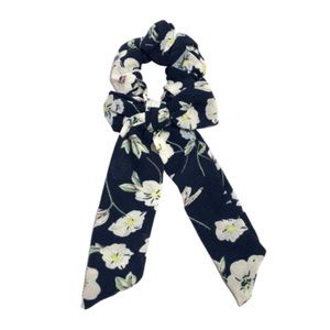 Navy Blue Floral Scrunchie Hair Tie Bow Scarf